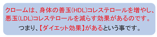 クロームは、身体の善玉(HDL)コレステロールを増やし、悪玉(LDL)コレステロールを減らす効果があるのです。